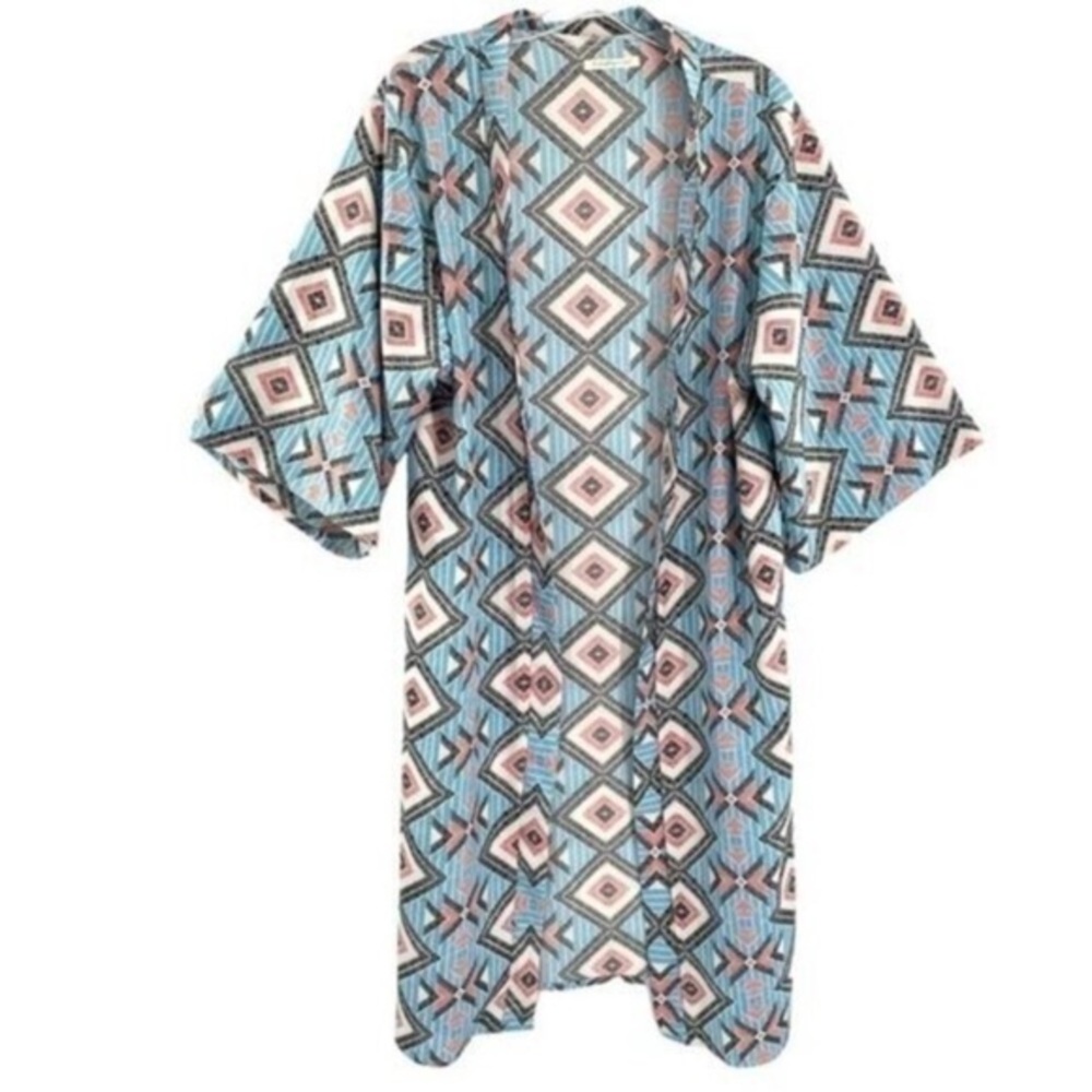 Do Everything In Love Aztec Print Teal Kimono Coverup Southwestern